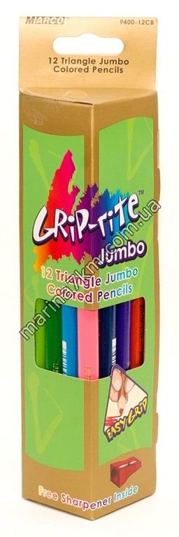 Олівці 12 кольорів  Jumbo трикутні з чинкою,Grip-Rite,9400-12CB,TM''Marco''