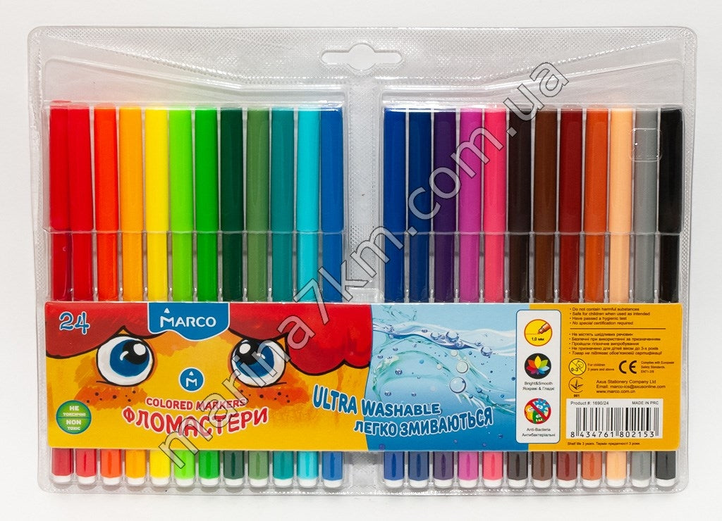 Фломастери 24 кольорів Super Washable,1690-24,TM''Marco''