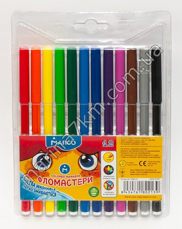 Фломастери 12 кольорів Super Washable,1690-12,TM''Marco''